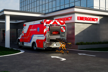 An open ambulance truck standing in front of an emergency hospital entrance
