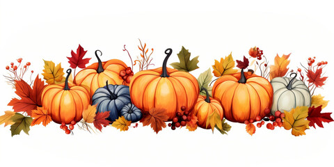 Autumn Harvest, A Bountiful Border of Leaves, Berries, and Pumpkins
