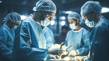 A surgeon's team in uniform performs an operation on a patient at a cardiac surgery clinic. 

 - obrazy, fototapety, plakaty