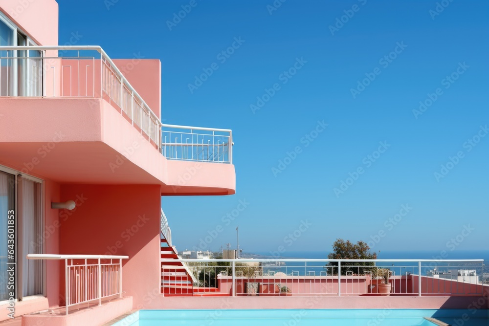 Aufkleber a pink building with a swimming pool in front of it. generative ai image.