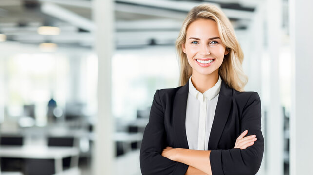 Cheerful young businesswoman looking at camera with crossed arms inside office building.
