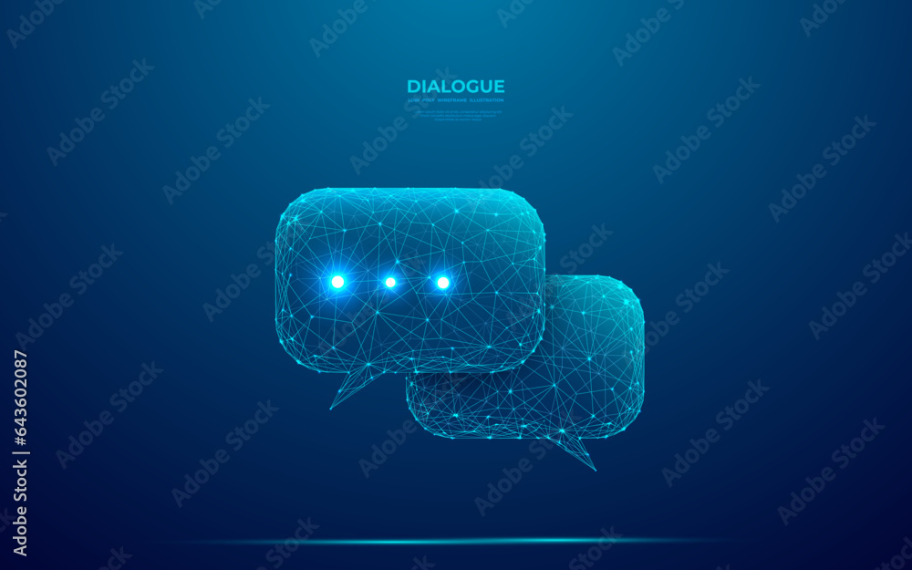 Aufkleber Two digital dialogue bubbles in futuristic low poly wireframe style. Abstract communication, discussion, messenger, chat concept. Chatbot or massage symbol consisting of connected glowing light dots.