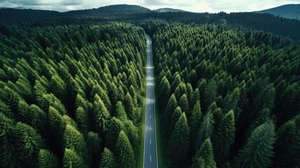 Green forest and straight asphalt road drone photo, generative ai