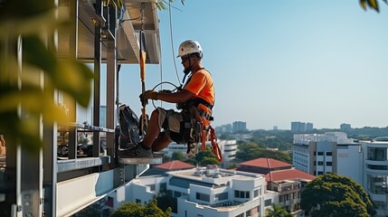 Aerial platform for workers who work at height on buildings - obrazy, fototapety, plakaty