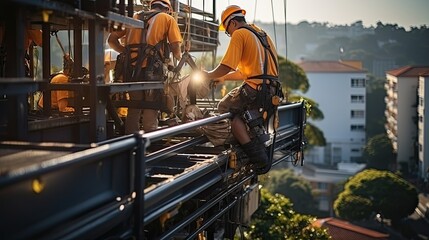 Aerial platform for workers who work at height on buildings - obrazy, fototapety, plakaty