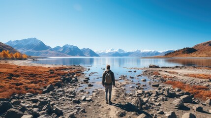 Fototapeta na wymiar Rear view of man looking at lake against clear sky