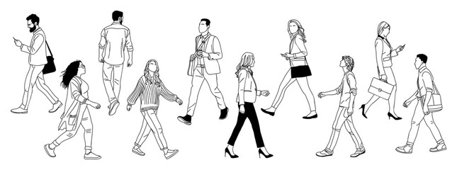 Set of different people walking line art drawing. Group of business people walking at city. Casual townspeople crosses the road hand drawn vector illustration isolated on transparent background. - Powered by Adobe