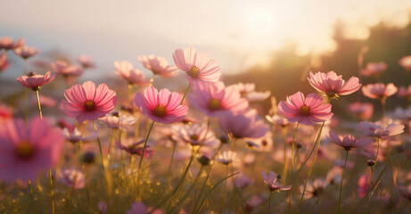 sunset pink flower colorful violet beautiful blooming background meadow nature field. Generative AI. - Powered by Adobe