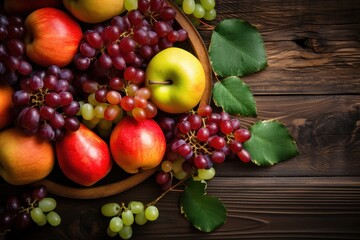 Fruit composition on a wooden background. the view from the top.
