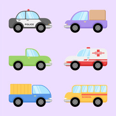 Fototapeta premium Vector Illustration of Various Car in Flat Cartoon Style. Cute Vehicle Collection