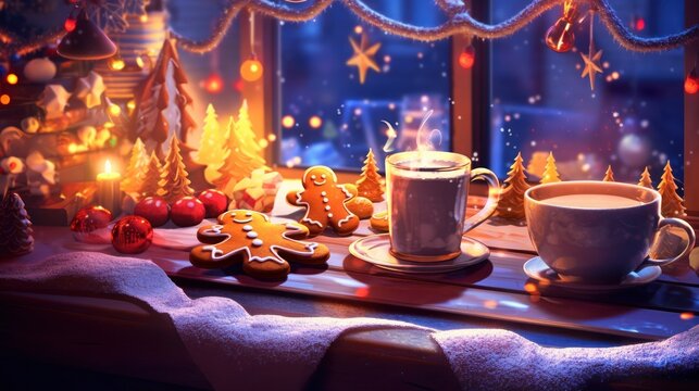 Cup of tea and christmas cookies on wooden table with bokeh background. Christmas Concept with Copy Space.