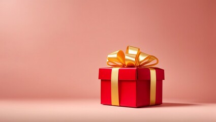 Red gift box with golden bow on pink background. 
