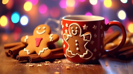 Cup of hot drink with gingerbread man on bokeh background. Christmas Concept with Copy Space.