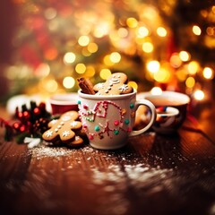 Obraz na płótnie Canvas Cup of tea and christmas cookies on wooden table with bokeh background. Christmas Concept with Copy Space.