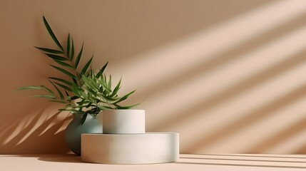 Unobtrusive background with plant and shadow on the wall. Empty showcase, podium, stand for advertising and product presentation. Mock up for exhibitions objects, relaxation and health. AI Generated