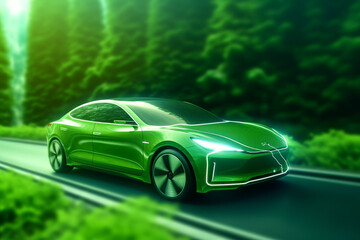 Green car with grass on the road in the forest. 3d rendering