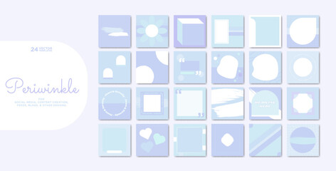 24 Piece Social Media Templates in Monochromatic Periwinkle Colors. Aesthetic and minimalistic design with space for copy, designs, photos. Geometric shapes. Editable Vector Illustration, isolated.
