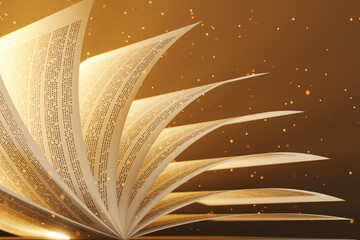 Flipping pages in the mystical book. Golden sparkles and glowing lights