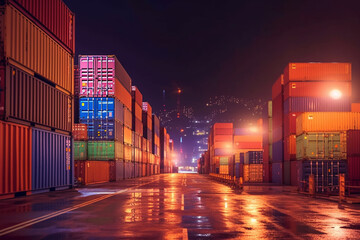 Cargo port with container cargo freight ship at night for Logistic Import Export background