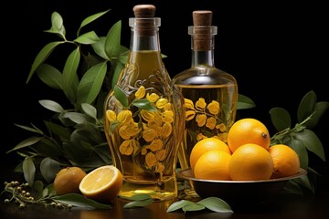 bottle of oil with lemons near
