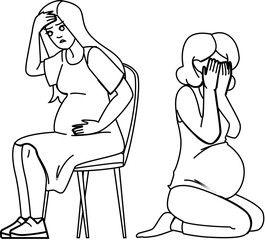stress pregnancy vector. woman pain, tired sad, headache mother, problem trouble, bad belly stress pregnancy character. people black line illustration