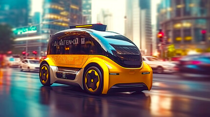 Fototapeta na wymiar Future of urban autonomous mobility like AV city taxi. Postproducted generative AI illustration. 