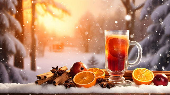 A glass mug of traditional christmas alcohol drink - mulled wine with cinnamon, anise and oranges