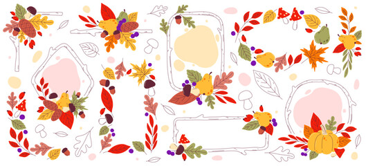 Autumn plant leaves, fruits and berries decorative frames and fall floral ornament borders set