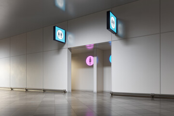 Airport terminal or train station lavatory entrance with glowing signs. Toilet