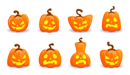 Halloween pumpkin lanterns, cartoon Jack O Lantern characters, evil symbol of Halloween holiday, decorations, design elements, stickers on a white background.