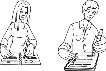 business taking notes vector. woman notebook, table person, pencil desk business taking notes character. people black line illustration