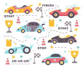 Retro racing speed car vehicle driving rally moving fast reaching finish on road doodle set © Mykola Syvak