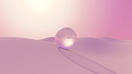 3D animation - Crystal ball rolling in a loop in an pink desert at sunset
