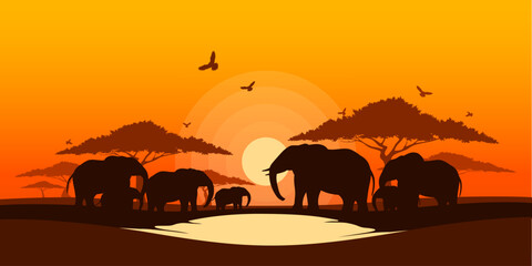 Silhouette of Elephants family in sunset, World elephant day, Wildlife and Nature landscape of savanna field, Grassland safari travel, Environmental and Ecology conservation, National park in Africa.