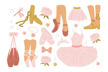 Dress, shoes and accessories for ballet dancer, pointe footwear on slender ballerina legs set