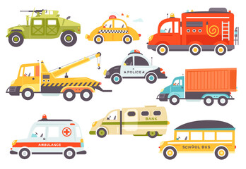 Special purpose transport, heavy machinery for people servicing isolated set on white background