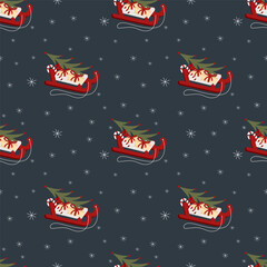 Christmas and Happy New Year vector seamless pattern with slade, noel tree, stick, gift and snowflake.