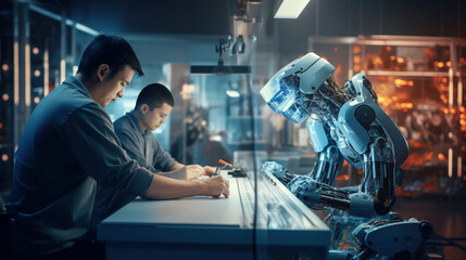 Robotics technicians in China are debugging a new robot - obrazy, fototapety, plakaty