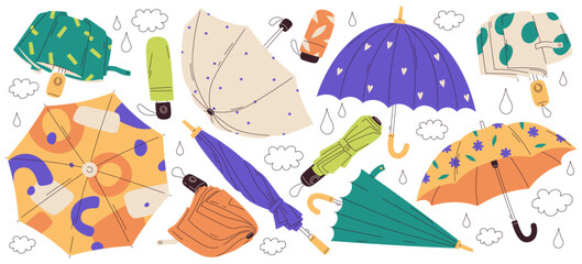 Different closed and opened umbrella, sun and rain protection equipment accessories isolated set