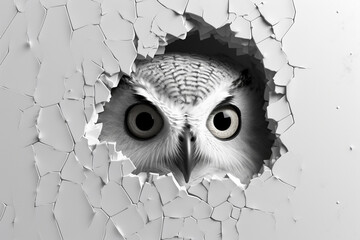 Eagle breaking through a cracked wall with a hole in it.