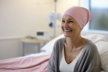 Smiling Mature ill female Breast cancer patient in bed at the hospital