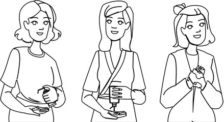 wash sanitizing hands woman vector. hygiene coronavirus, clean antibacterial, care alcohol wash sanitizing hands woman character. people black line illustration