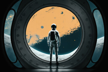 Spaceman in a spacesuit stands in front of spaceship circle window generative ai