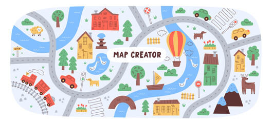 Childish city map creator seamless pattern with different transport on road and house building