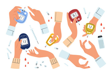 Human hands holding blood sugar glucose medical test set, glucometer for insulin level check - obrazy, fototapety, plakaty