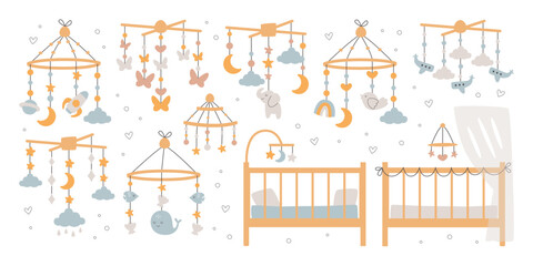 Different hanging baby crib mobile and bed for newborn isolated set in Scandinavian doodle style