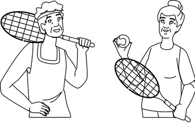 exercise senior tennis vector. lifestyle recreation, retirement activity, summer woman exercise senior tennis character. people black line illustration