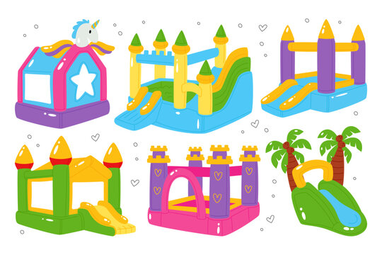 Inflatable playground, castle, house, trampoline and waterslide game area set vector illustration