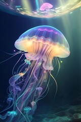 Fototapeta premium Colorful jellifish in deep ocean. AI generated illustration