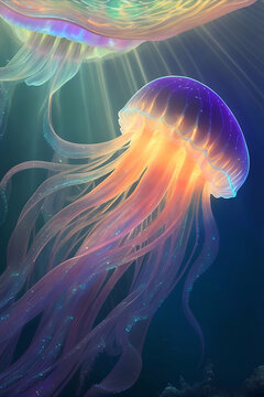 Colorful jellifish in deep ocean. AI generated illustration
